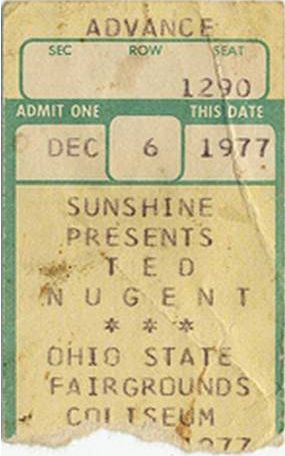 Ted Nugent & Golden Earring show ticket December 06, 1977 Columbus - Fairgrounds Coliseum